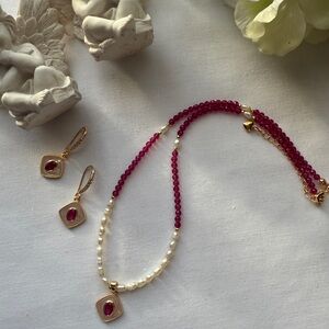 Elegant Pearl and Ruby Beaded Necklace Set